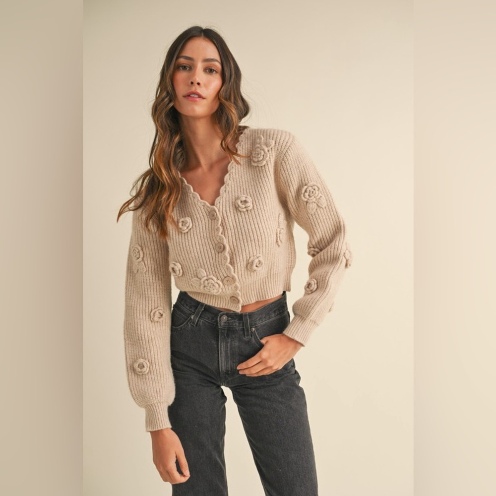 104B. Cardigan With Crochet Flowers - Taupe